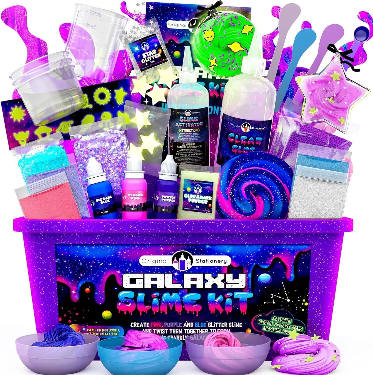 Original Stationery Galaxy Slime Kit front view of premium DIY space craft set for kids.