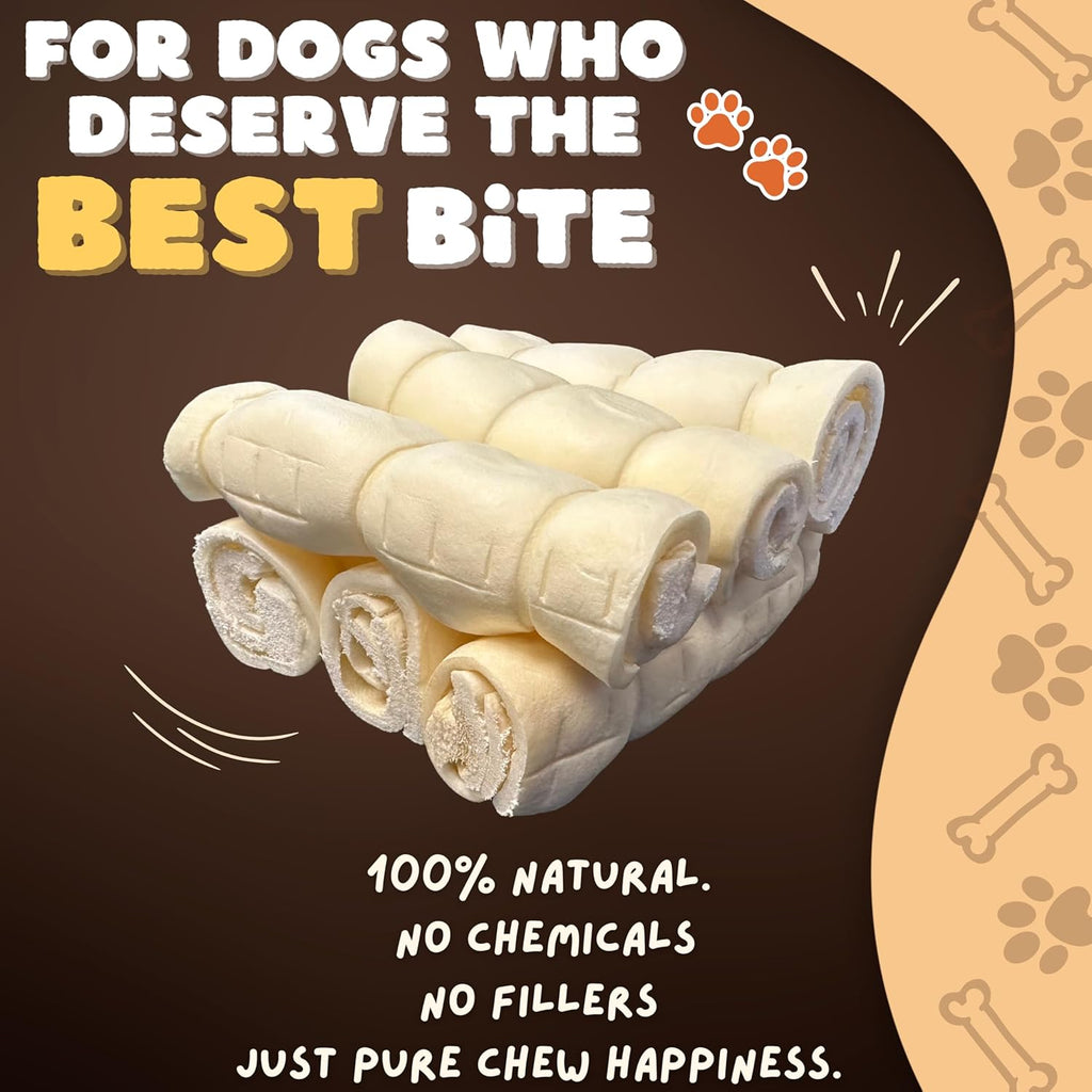 Close up view of authentic Woofley's single ingredient buffalo cheek rolls for dogs