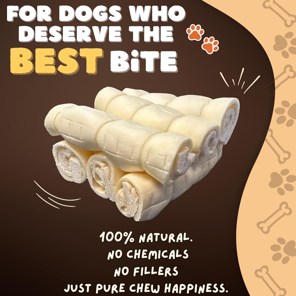 Close up view of authentic Woofley's single ingredient buffalo cheek rolls for dogs