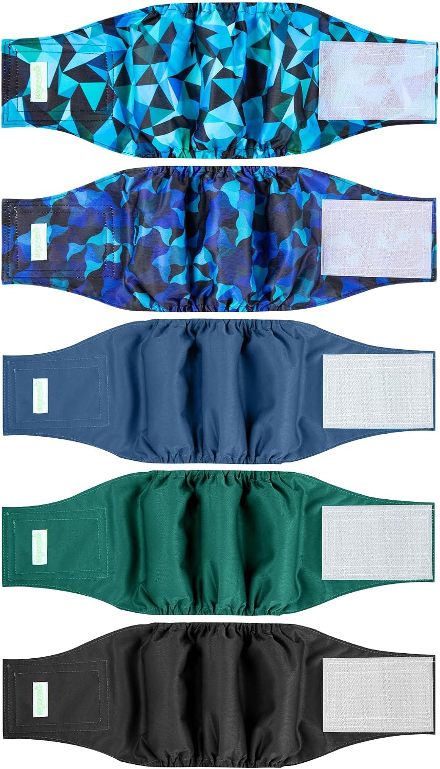 Wegreeco washable male dog diapers five pack collection layout on a clean surface