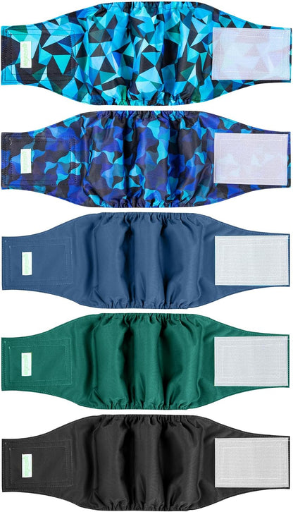 Wegreeco washable male dog diapers five pack collection layout on a clean surface