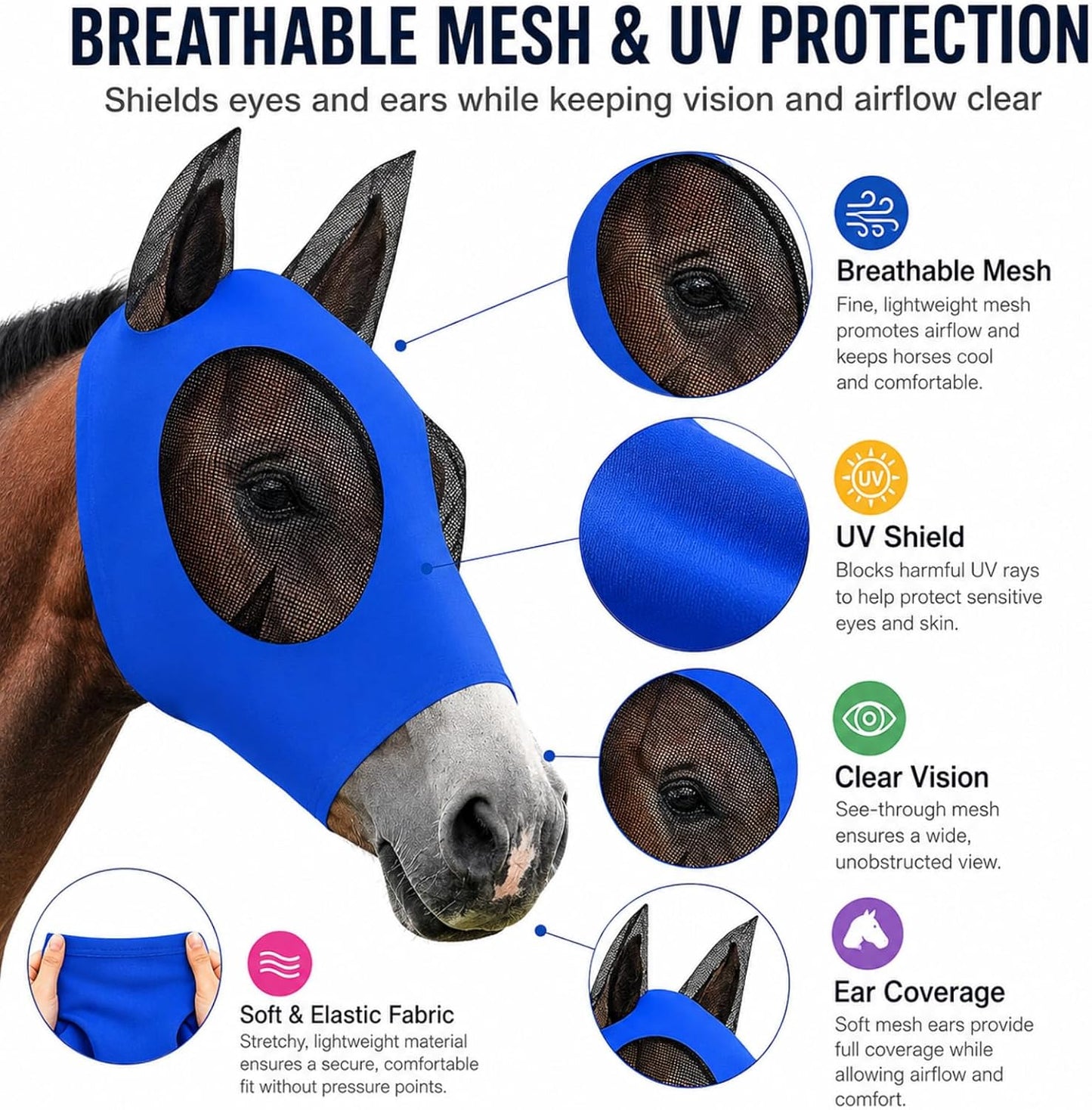Detailed view of 3D cut ear protection on horse fly mask