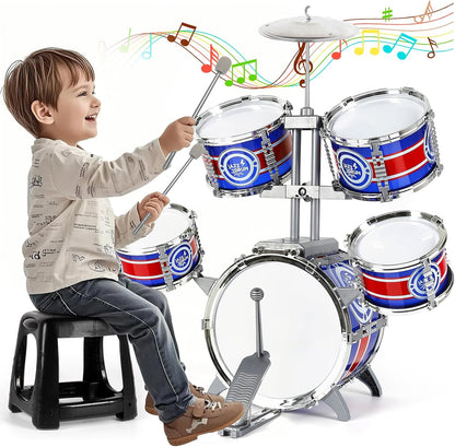 M SANMERSEN kids plastic drum set front view showing five blue drums and a cymbal