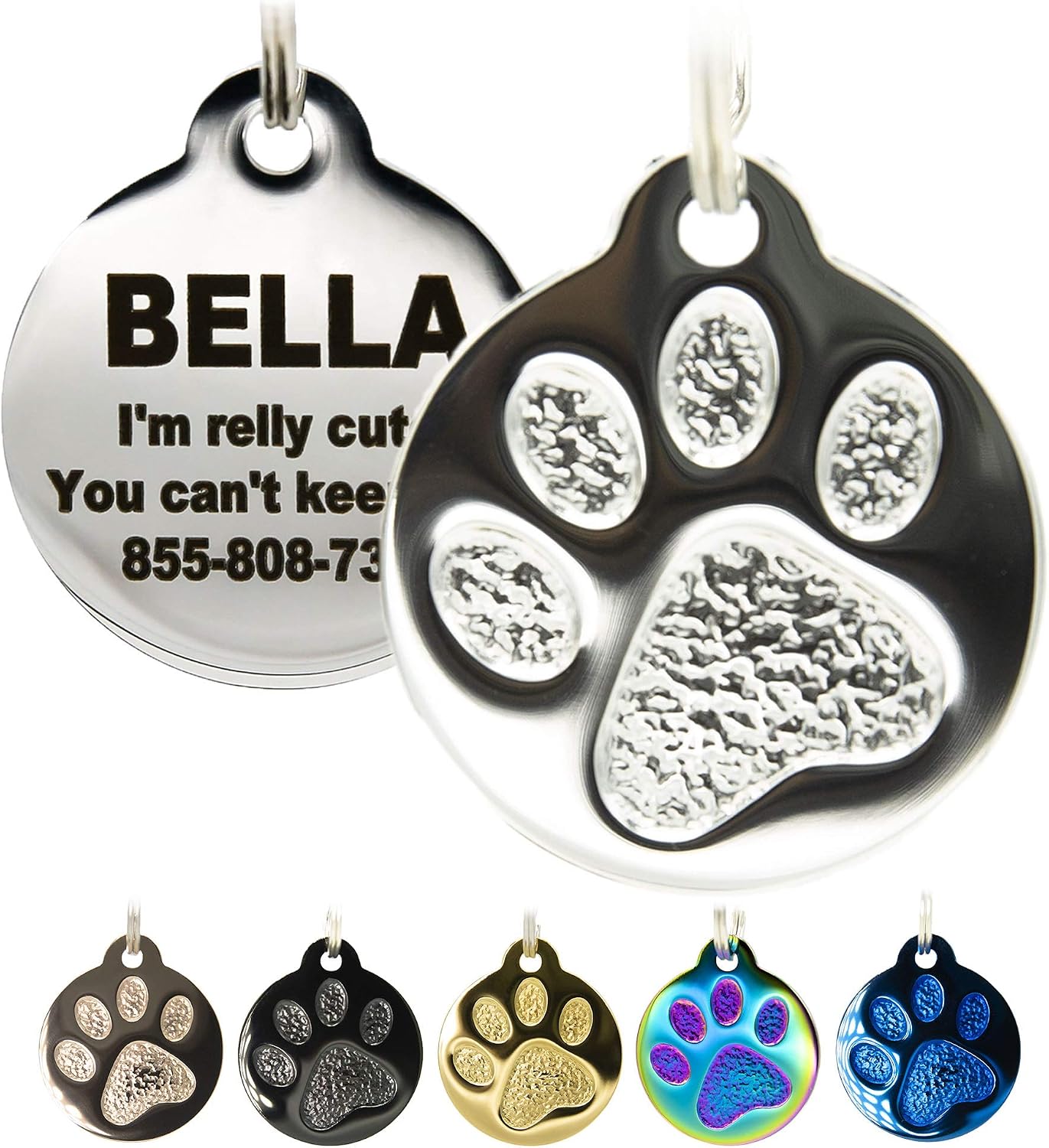 PetANTastic laser engraved metallic pet tag close up highlighting the deep legible text styling on polished silver plating.