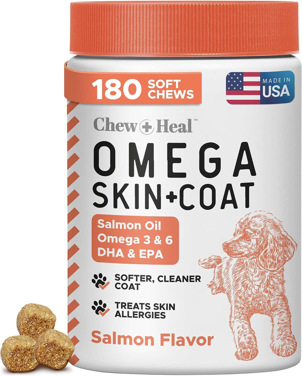 Omega 3 Fish Oil for Dogs - 180 Soft Chews for Itch Relief, Shedding & Hot Spots - Skin and Coat Supplement - Salmon Oil, EPA & DHA - Allergy Chews - Made in USA - Chew + Heal - Image 11