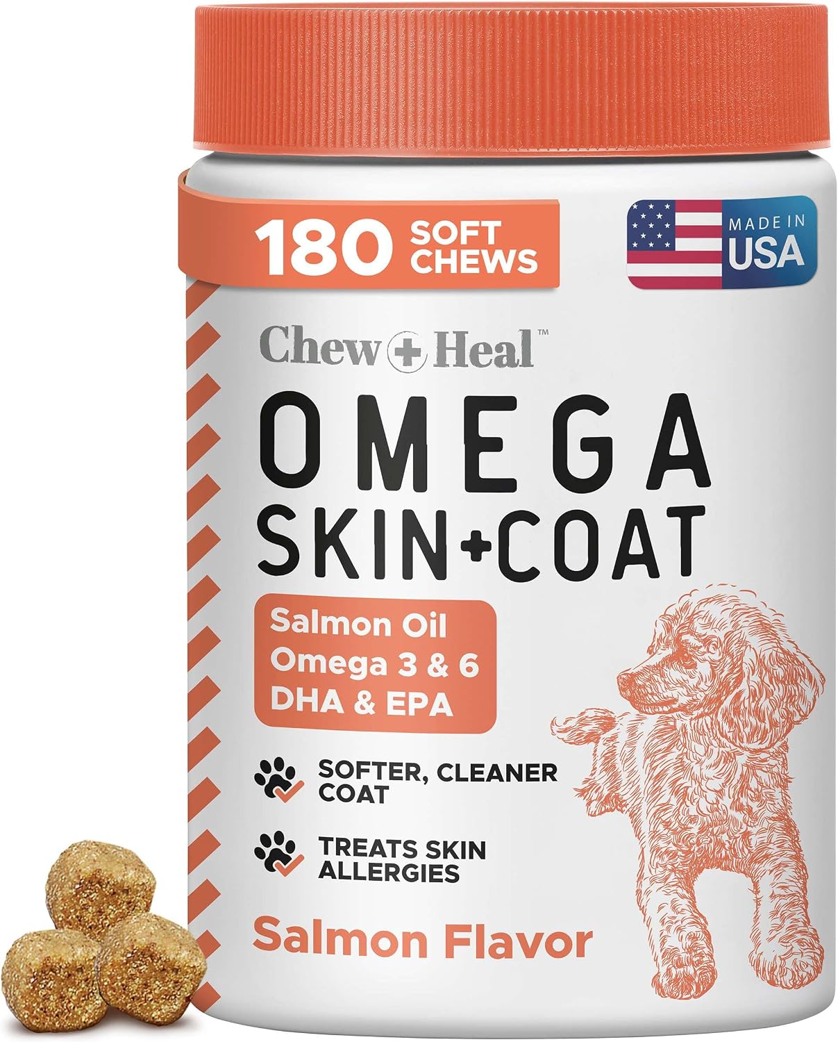 Omega 3 Fish Oil for Dogs - 180 Soft Chews for Itch Relief, Shedding & Hot Spots - Skin and Coat Supplement - Salmon Oil, EPA & DHA - Allergy Chews - Made in USA - Chew + Heal - Image 11