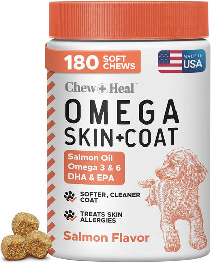Omega 3 Fish Oil for Dogs - 180 Soft Chews for Itch Relief, Shedding & Hot Spots - Skin and Coat Supplement - Salmon Oil, EPA & DHA - Allergy Chews - Made in USA - Chew + Heal - Image 11