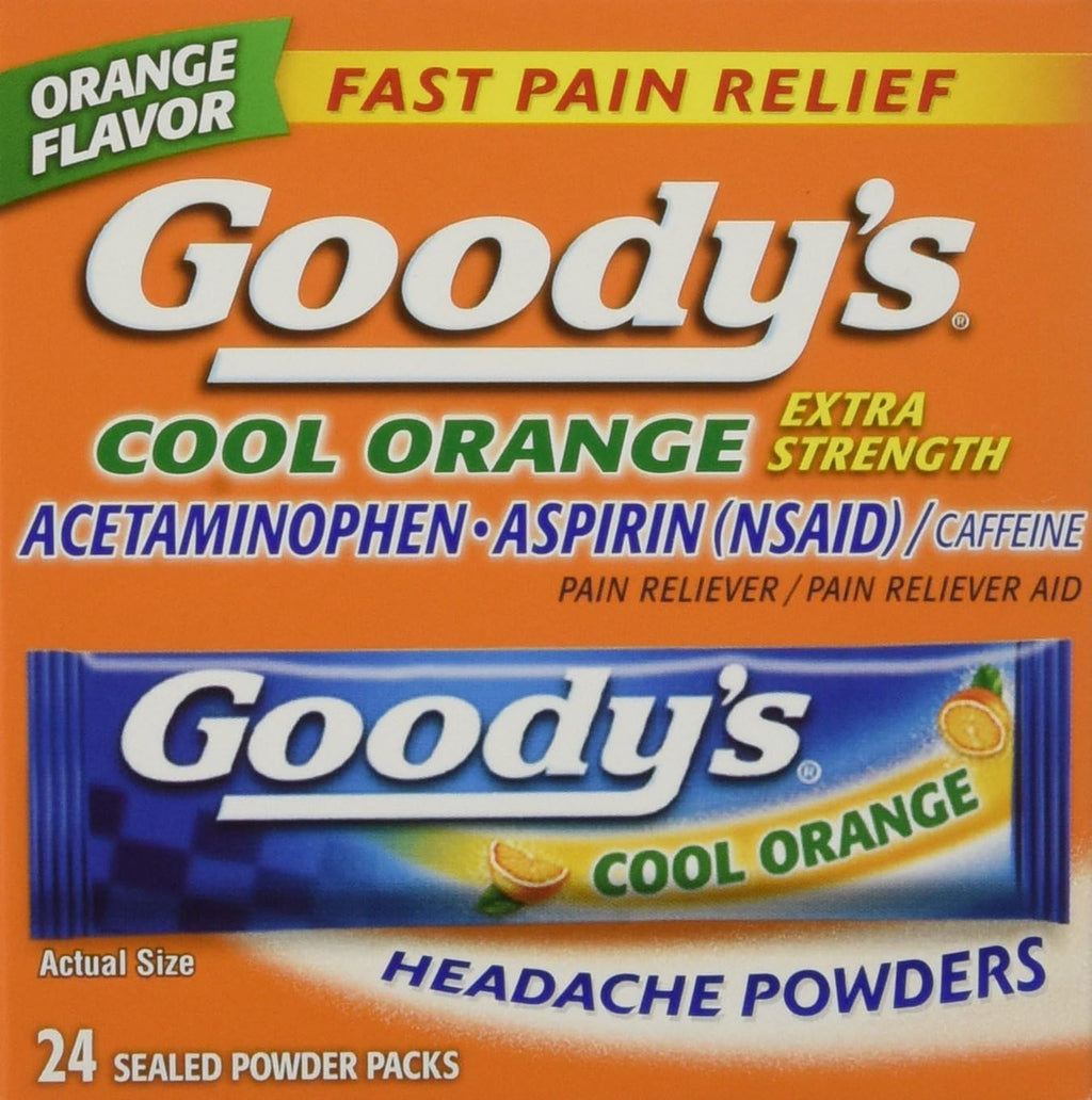 Goody's Extra Strength Headache Powder Cool Orange 3 Pack front view packaging showcasing 24 individual packets