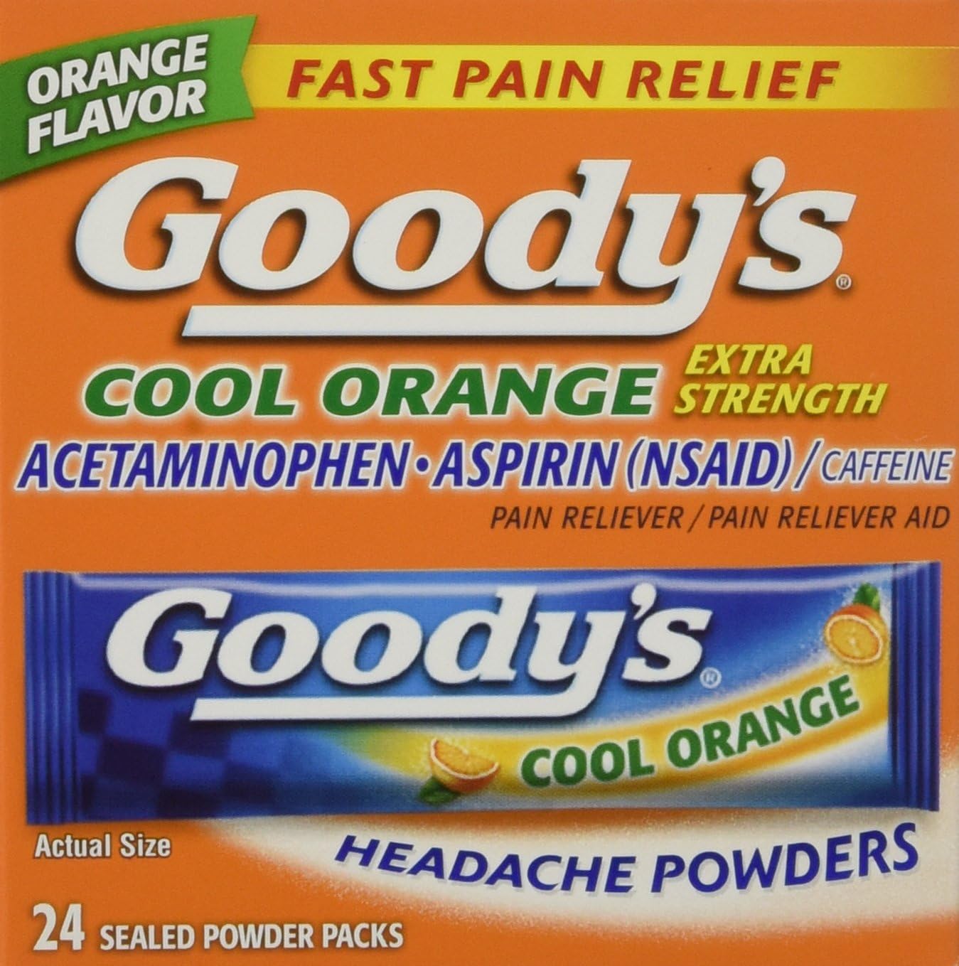 Goody's Extra Strength Headache Powder Cool Orange 3 Pack front view packaging showcasing 24 individual packets
