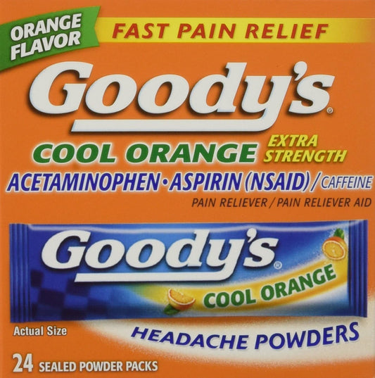 Goody's Extra Strength Headache Powder Cool Orange 3 Pack front view packaging showcasing 24 individual packets