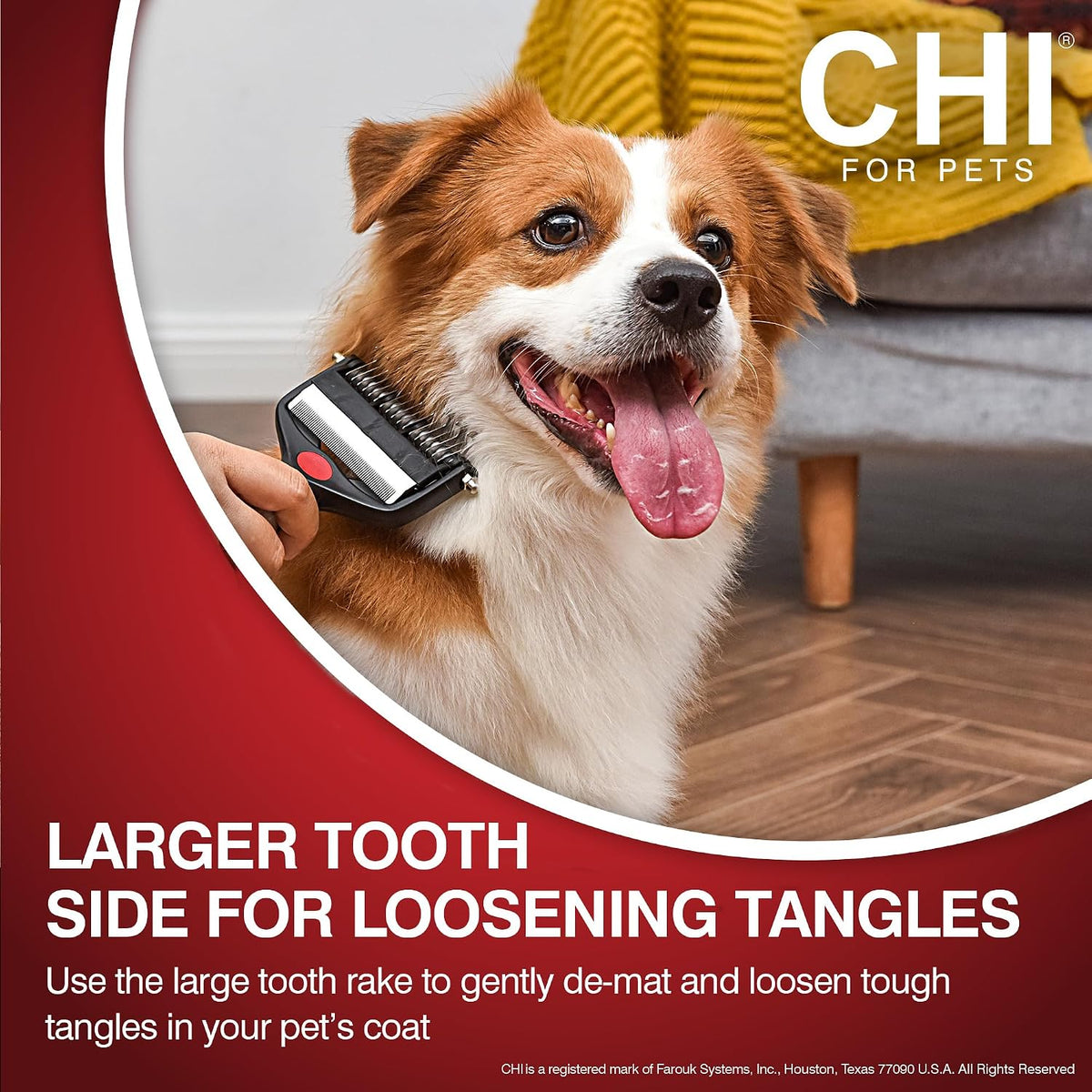 CHI dog rake with flip-out fine-tooth comb mechanism