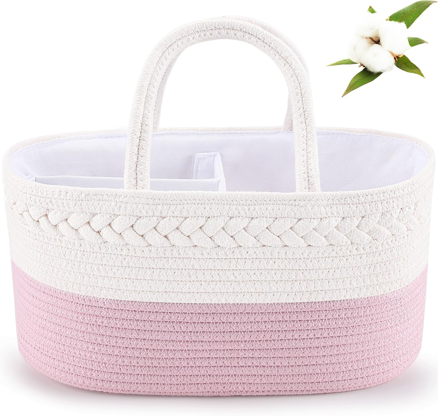 ABenkle boho cotton rope diaper caddy in pink front view