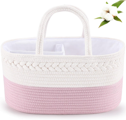 ABenkle boho cotton rope diaper caddy in pink front view