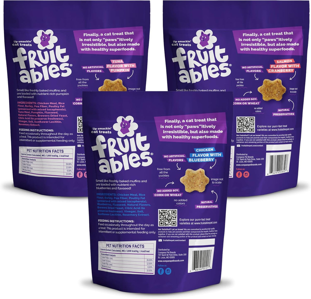 Chicken and blueberry flavor low calorie cat treats packaging close up.