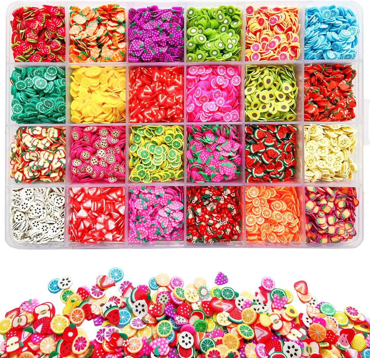 EHOPE 3D Polymer Clay Fruit Nail Art Slices organized in a twenty four grid clear container front view