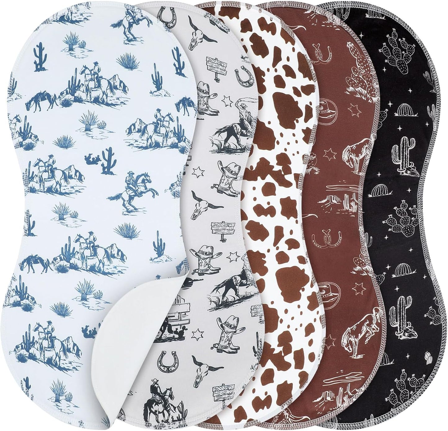 SmoothNovelty Vintage Western Baby Burp Cloths front view of five pack set showcasing cowboy boot and horseshoe designs