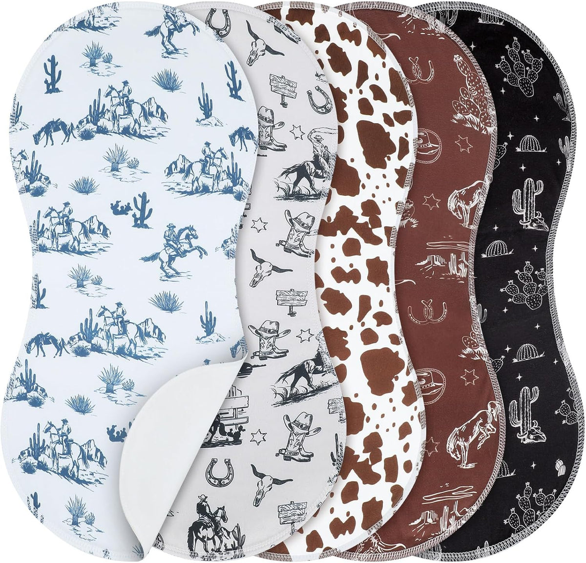 SmoothNovelty Vintage Western Baby Burp Cloths front view of five pack set showcasing cowboy boot and horseshoe designs