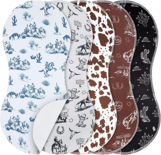 SmoothNovelty Vintage Western Baby Burp Cloths front view of five pack set showcasing cowboy boot and horseshoe designs