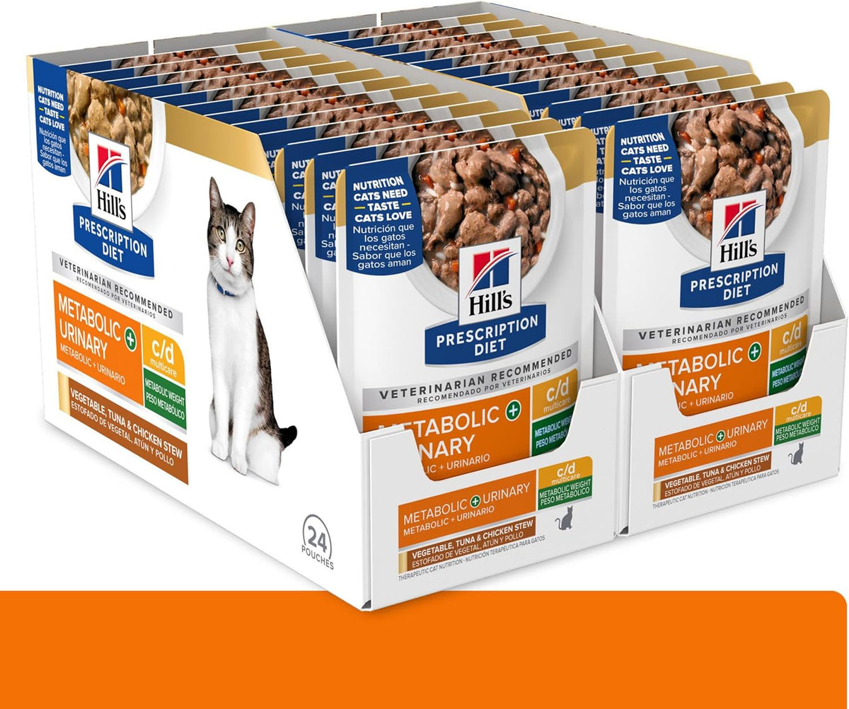 Hills Prescription Diet tuna chicken vegetable feline stew twenty four pack box showing nutritional facts label.