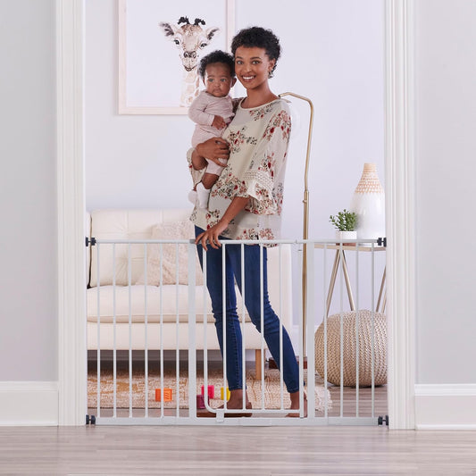 Regalo Easy Open extra wide baby safety gate front view installed in a wide home doorway.