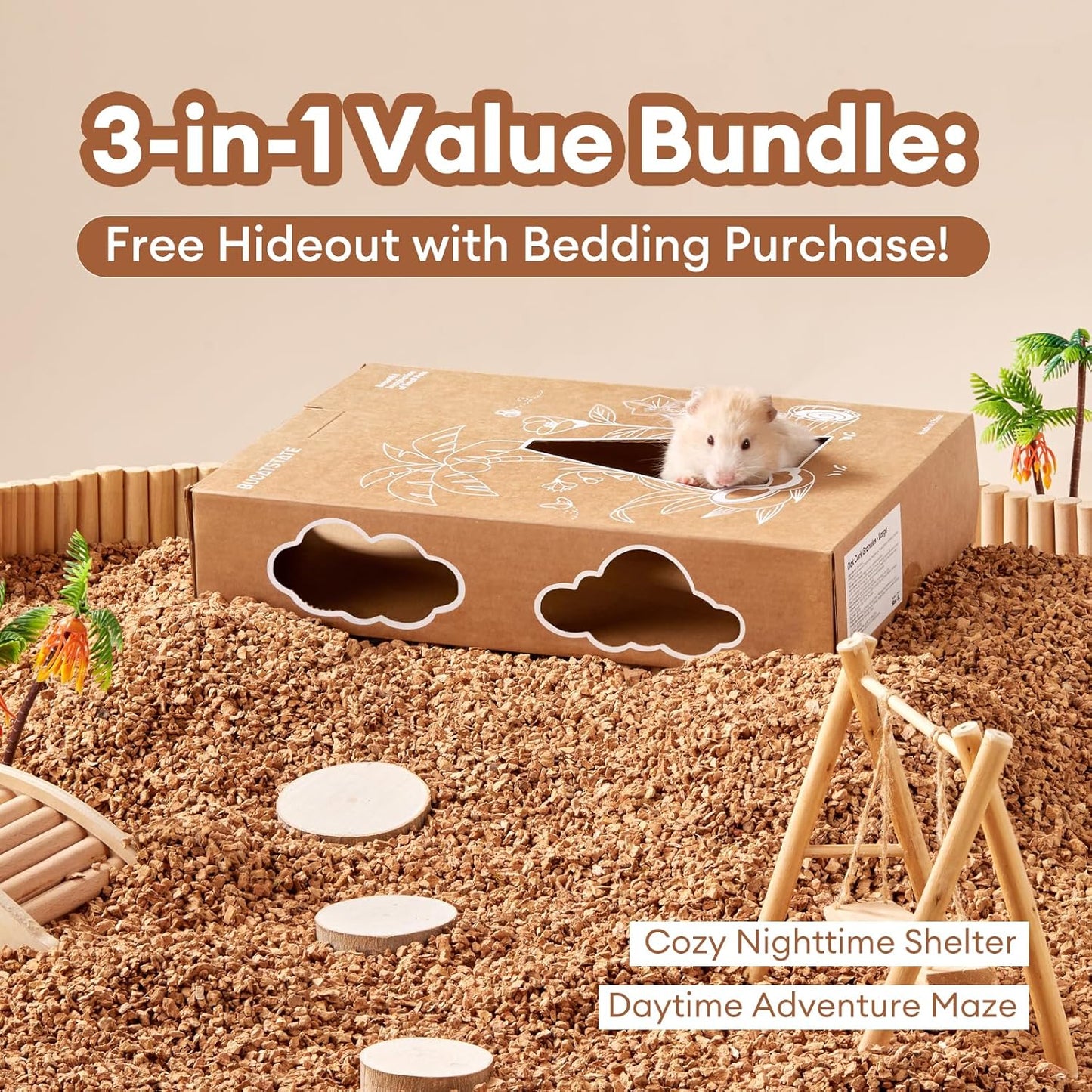 Small hamster inside a natural cork bedding enclosure