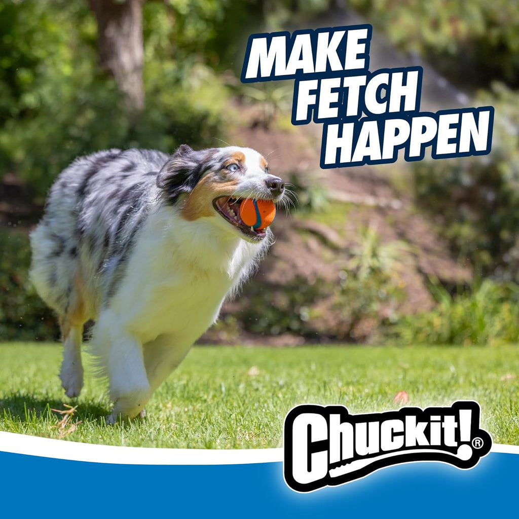 Three Chuckit! dog balls showing texture and design