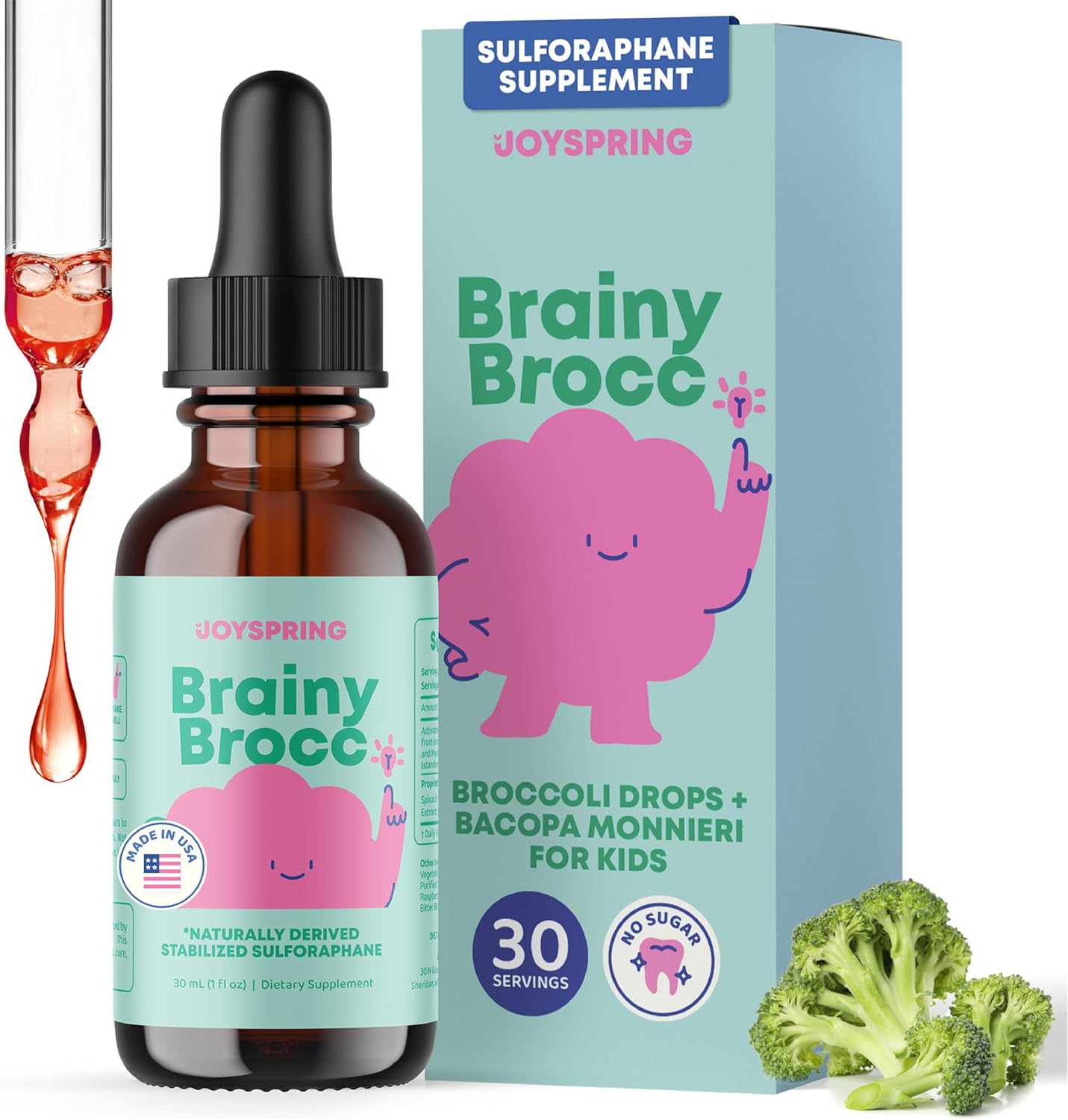 JoySpring Brainy Brocc supplement for kids front view showing the 1 fluid ounce bottle.