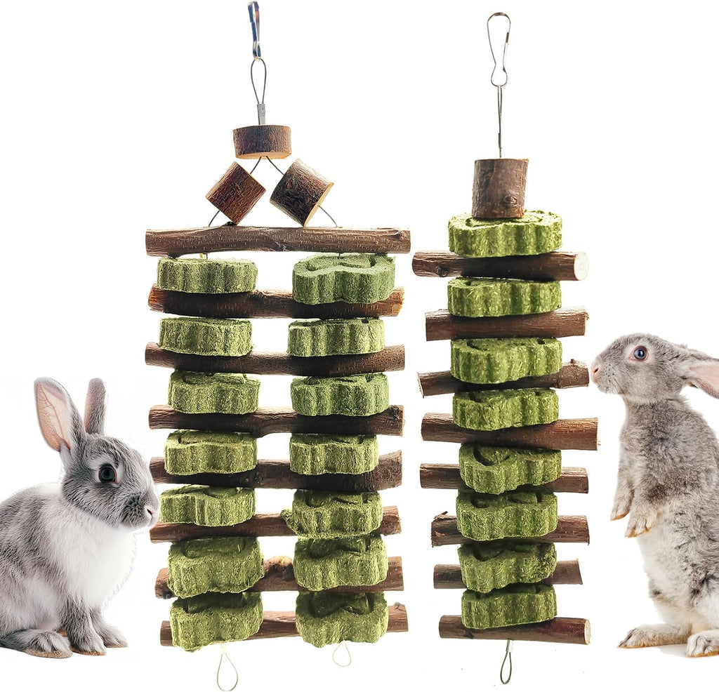 Ephoria WDEFUN natural apple wood clover cake teeth grinding toy string front view hanging inside a rabbit cage.