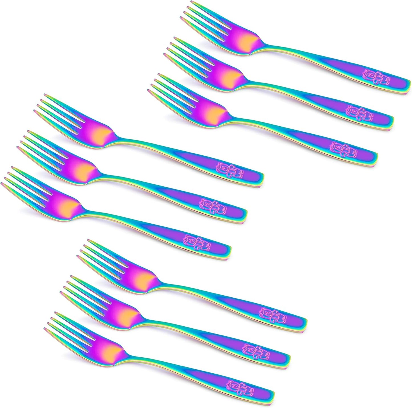 GlossyEnd 9 piece stainless steel rainbow kids forks set front view