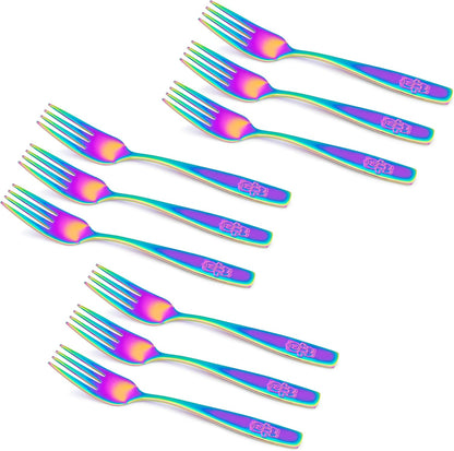 GlossyEnd 9 piece stainless steel rainbow kids forks set front view