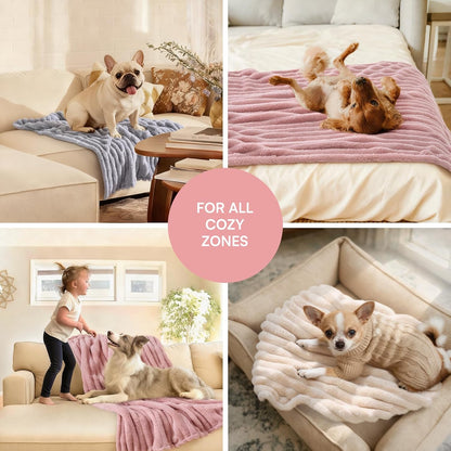 Beige LINENLUX fleece pet blanket placed inside a small dog crate for comfort