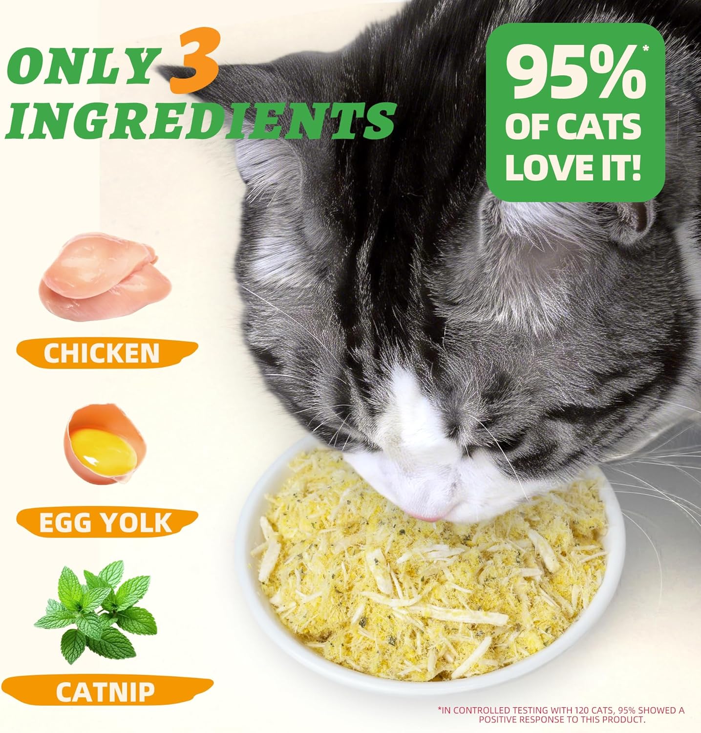 Freeze dried catnip treats spilled next to a pet food bowl as a meal topper