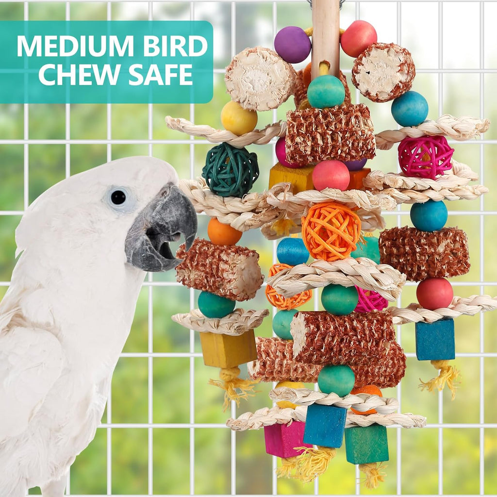 Side angle of LovyoCoCo bird toy showing rattan balls and corn husk