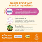Dog joint supplement by Zesty Paws showing daily feeding guidelines