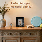 Heart shape glass memory jar filled with a soft tuft of pet fur on a desk
