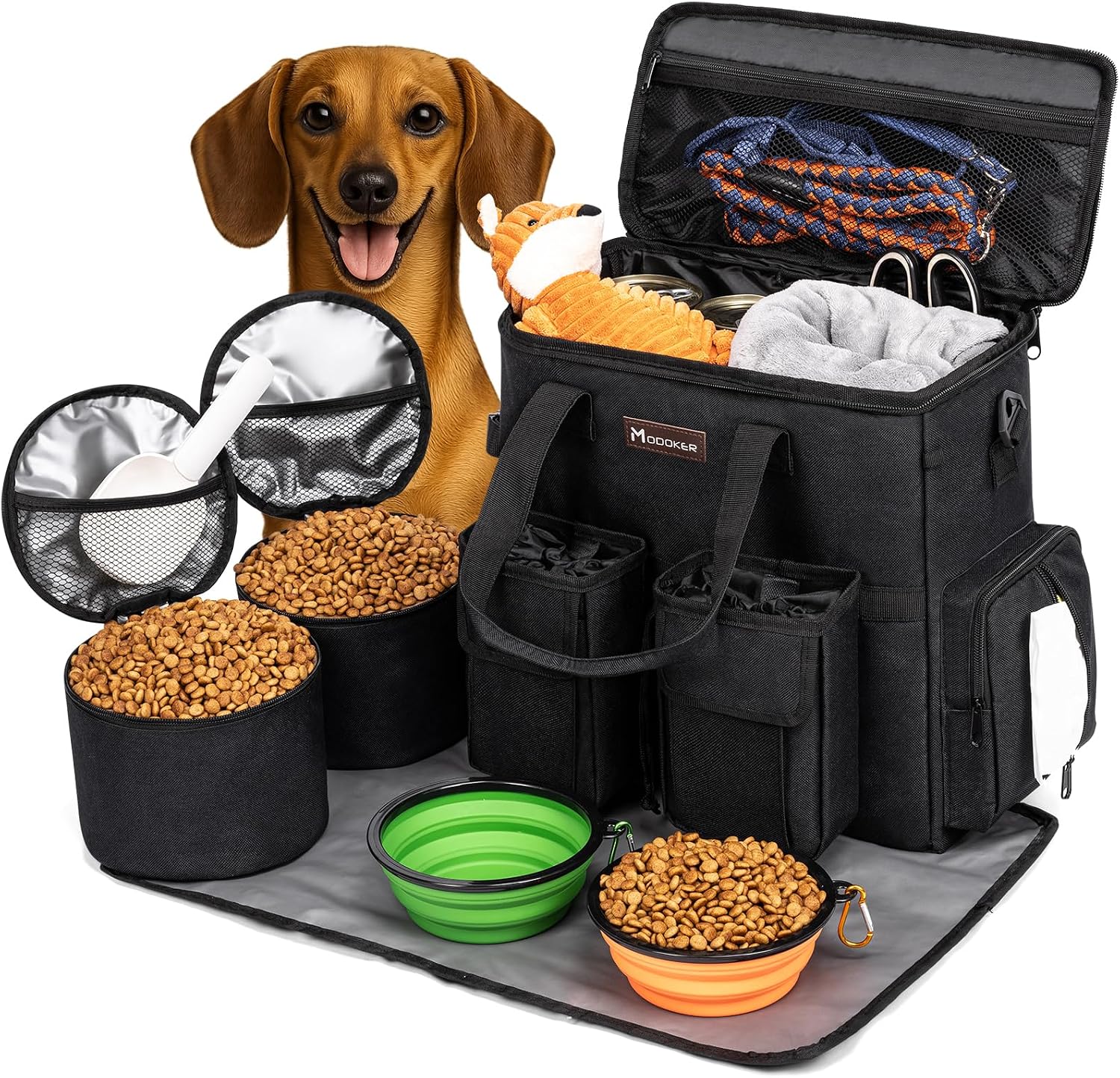 Dog Travel Bag by Modoker - Dog Travel Kit for a Weekend Away Set Includes Pet Travel Bag Organizer for Accessories, 2 Collapsible Bowls, 2 Travel Food Container (Black) - Image 11
