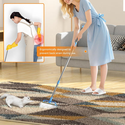 Removing pet hair from car interior with long handle rake