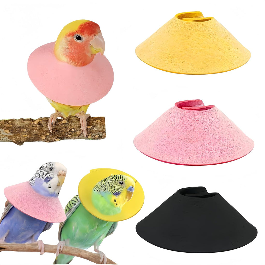 Magnoloran anti bite bird collar three pack front view showing yellow pink and black recovery cones