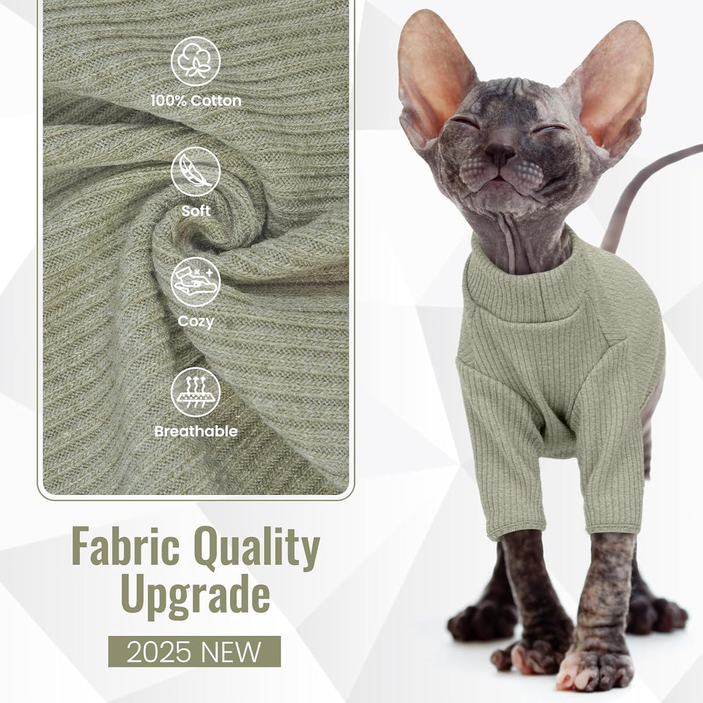 Sphynx cat wearing green Dentrun turtleneck pullover