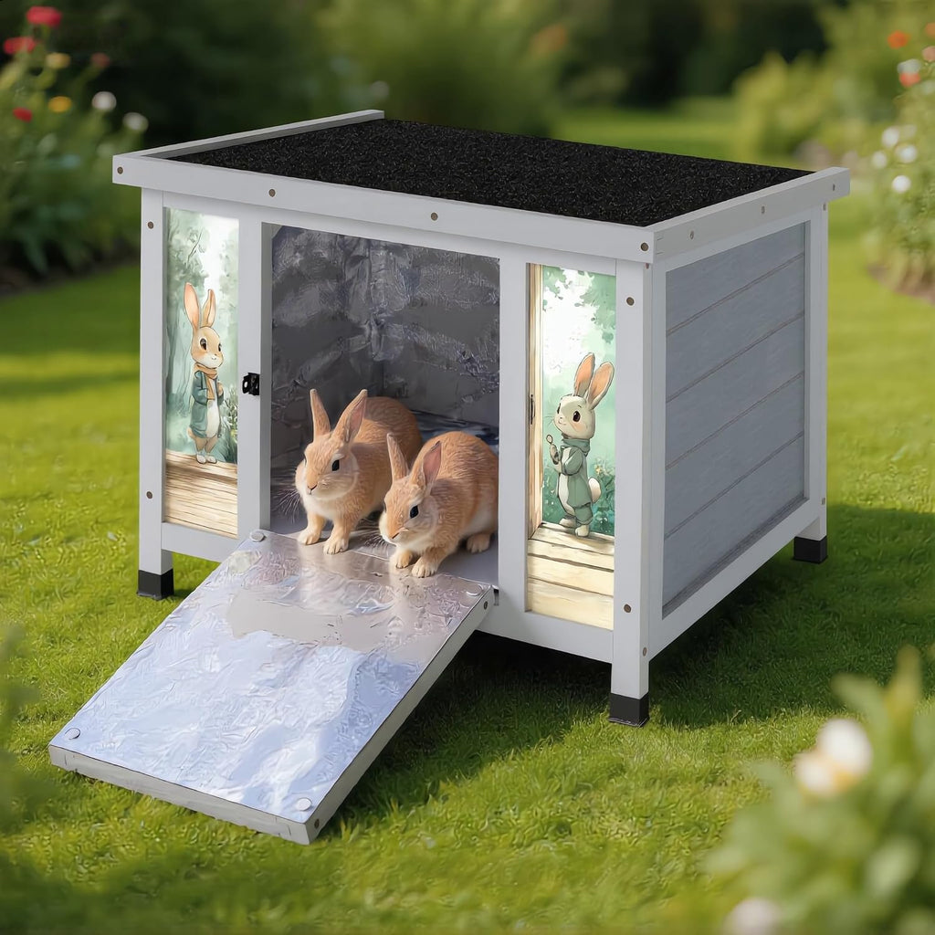 Coziwow 25" Insulated Cat House Bunny Hutch for Outdoor & Indoor Use - Solid Wood Rabbit Cage with Winter Warm Liner, Lightweight Weatherproof Shelter for Cats, Rabbits, Small Animals (Gray) - Image 1