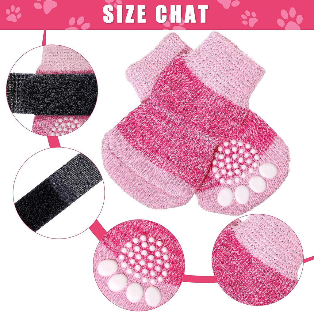 Small dog wearing Frienda anti-slip socks on hardwood floor