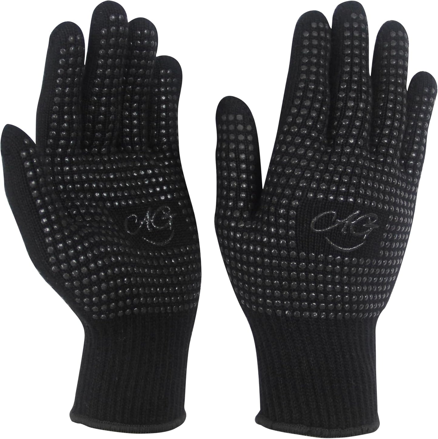 ANGENIL heat resistant gloves front view showing black cotton fabric with non slip silicone bumps