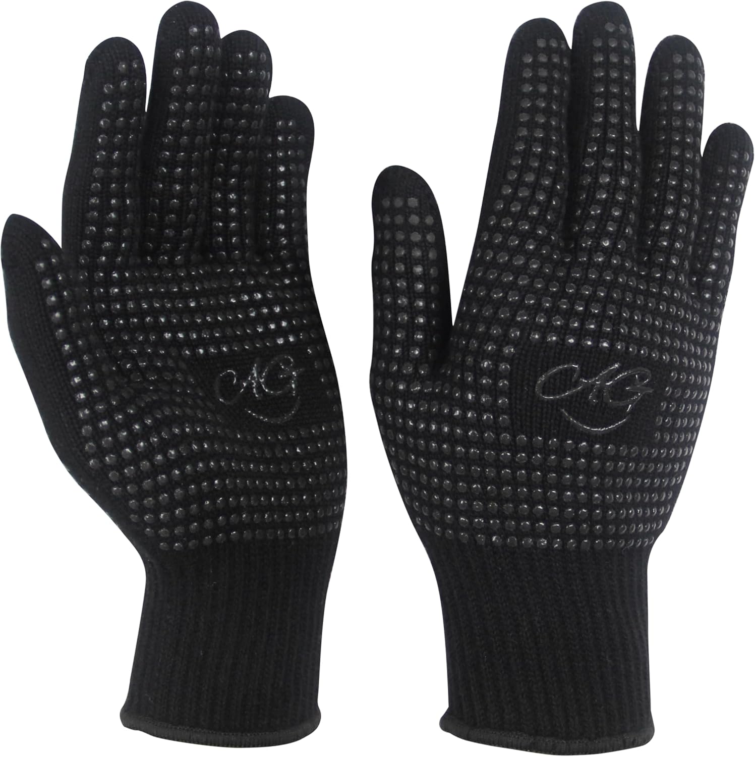 ANGENIL heat resistant gloves front view showing black cotton fabric with non slip silicone bumps