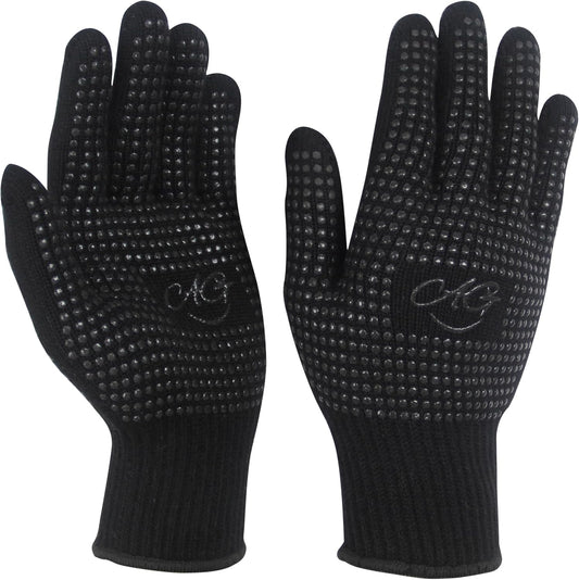ANGENIL heat resistant gloves front view showing black cotton fabric with non slip silicone bumps