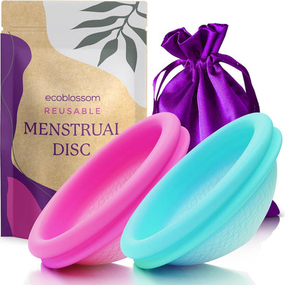 EcoBlossom Reusable Menstrual Disc front view of teal and magenta set.
