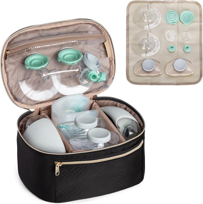Fasrom wearable breast pump bag front view of quilted black carrying case with gold zipper
