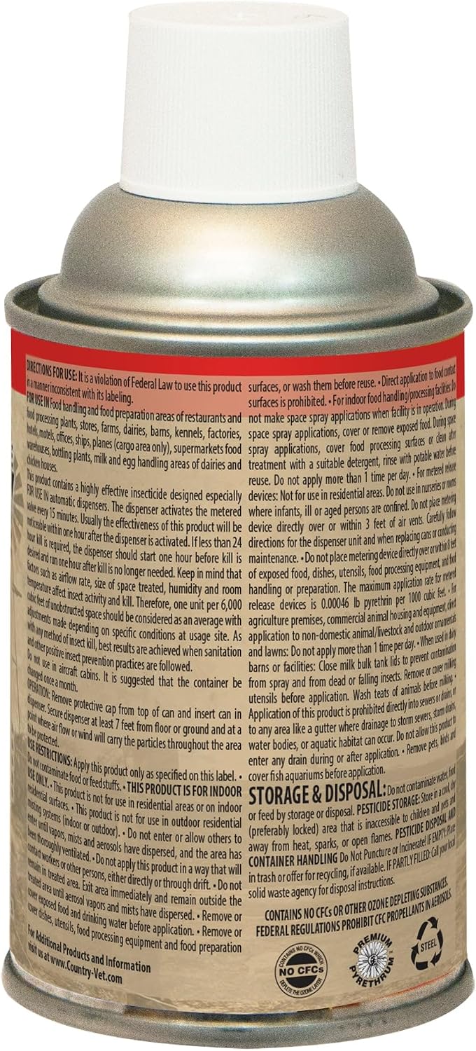 Close up view of the product label on the Country Vet metered insecticide showing active ingredients and warnings.