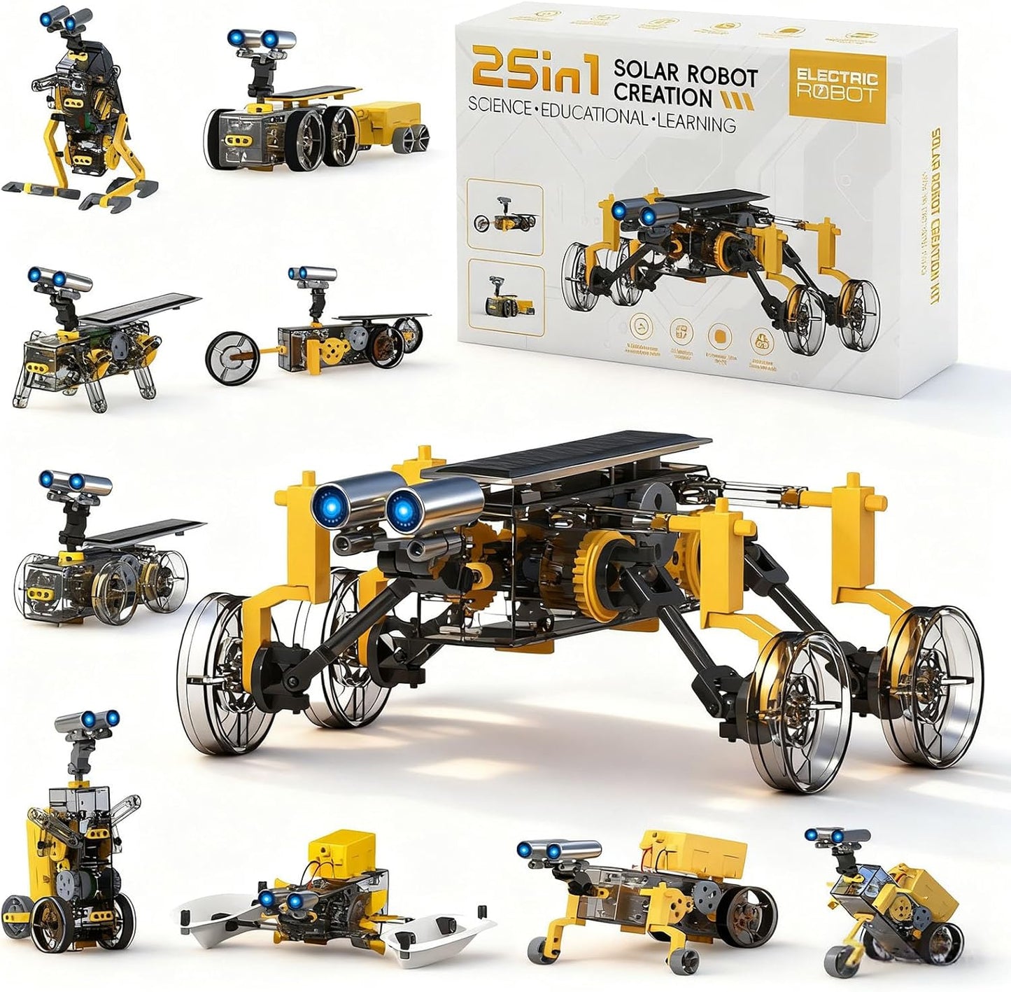 Hechify STEM twenty five in one solar power robot kit main retail packaging front view showcasing multiple assembled robotic designs
