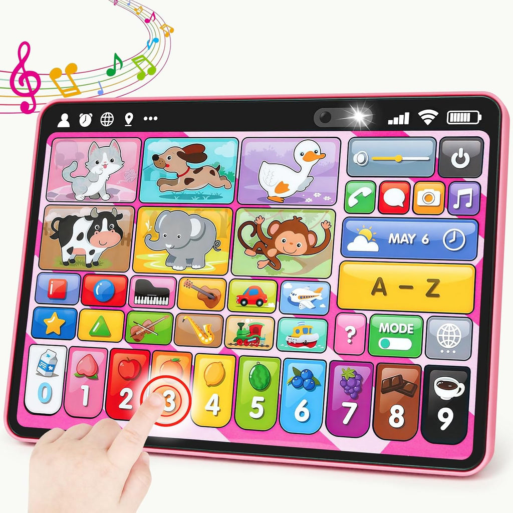 Peacurh trilingual learning toy tablet pink front view showing alphabet and animal buttons.