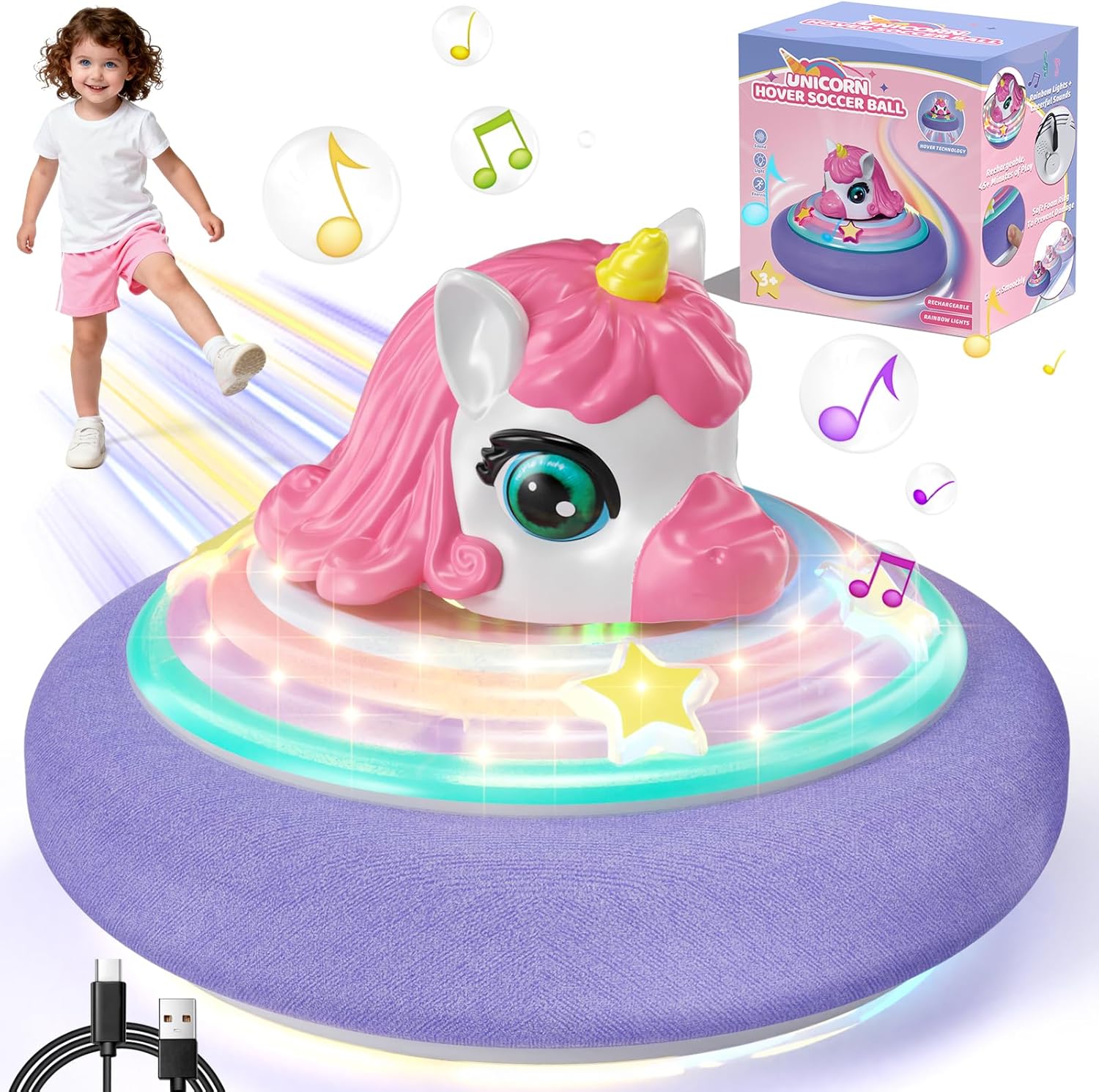 SOGAWEBB unicorn hover soccer ball front view showing pink and purple design with LED lights on